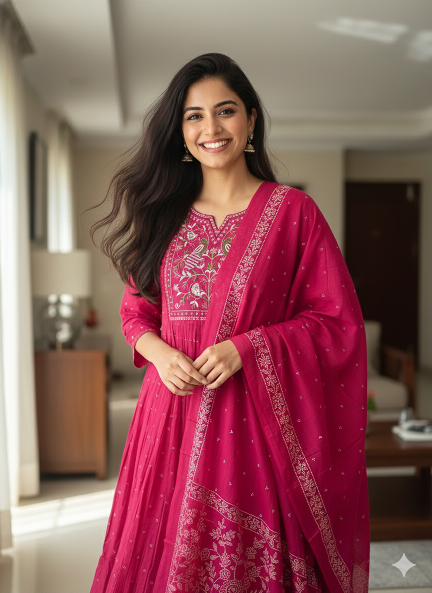Magenta Pink Handblock Print Anarkali Suit Set with Embroidered Yoke
