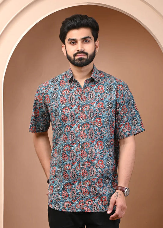 Black Orange Floral Hand Block Printed Cotton Shirt