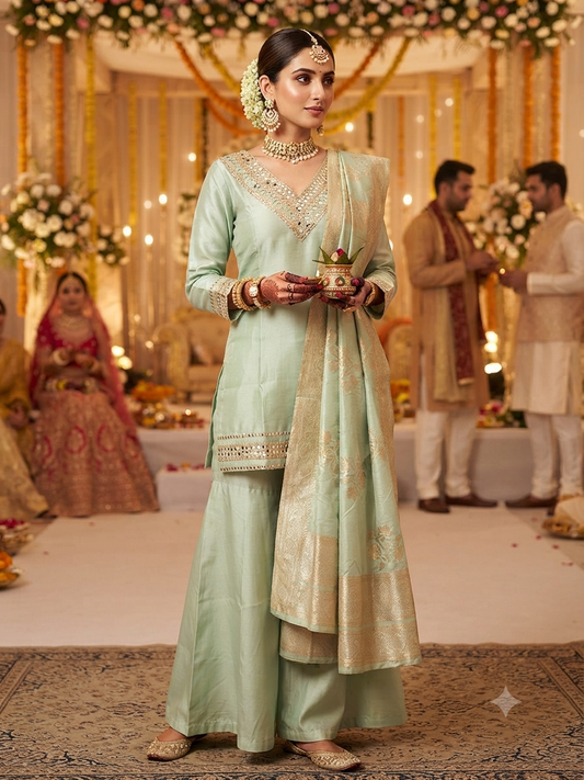 Mint Green Mirror Work Sharara by Radhya