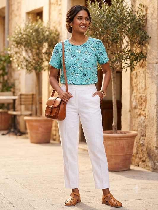 Aqua Blossom Short-Sleeve Floral Blouse