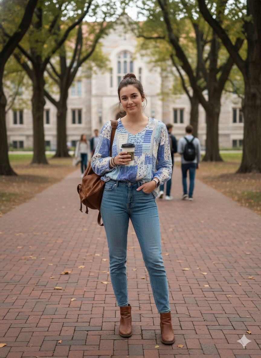 Indigo Patchwork V-Neck Top