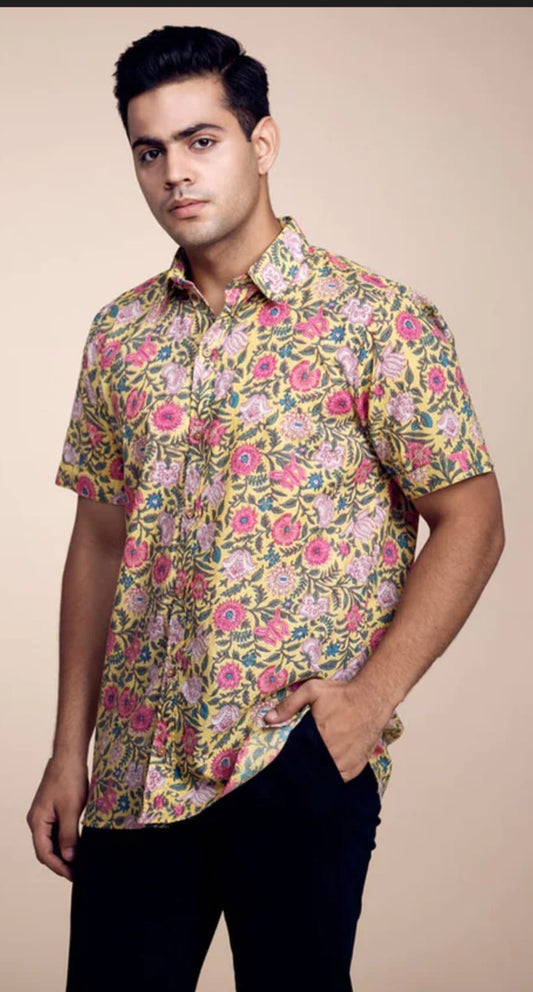 Yellow Pink Floral Hand Block Printed Cotton Shirt