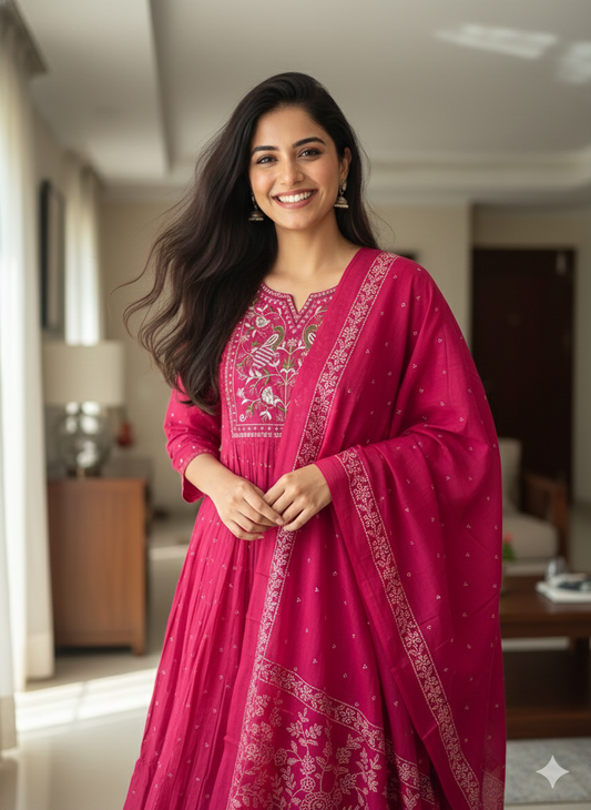 Magenta Pink Handblock Print Anarkali Suit Set with Embroidered Yoke