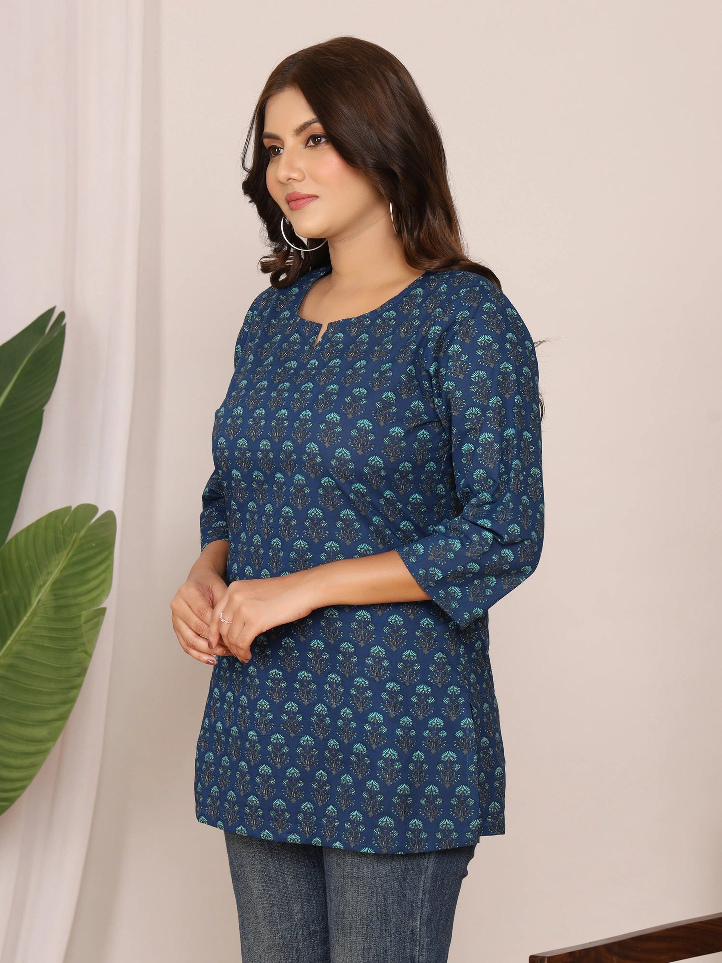 Indigo Floral Print Cotton Short Kurti