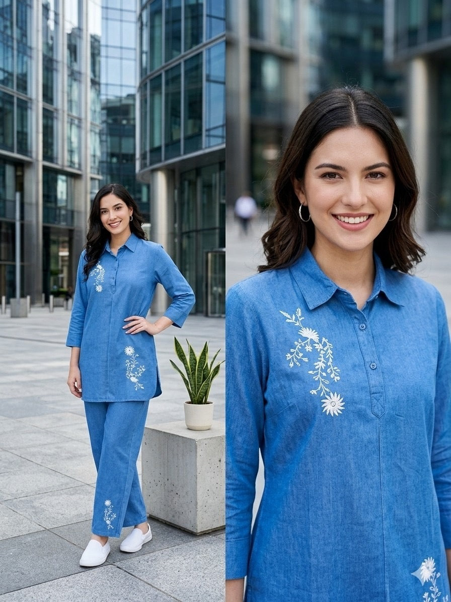 The White Floral Embroidered Denim Co-Ord Set
