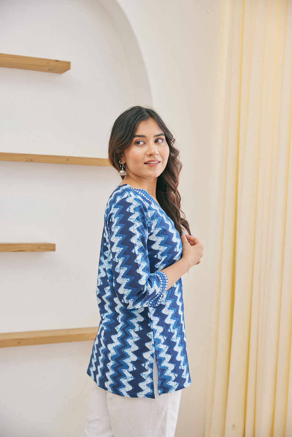 Indigo Zig-Zag Block Print Short Kurti