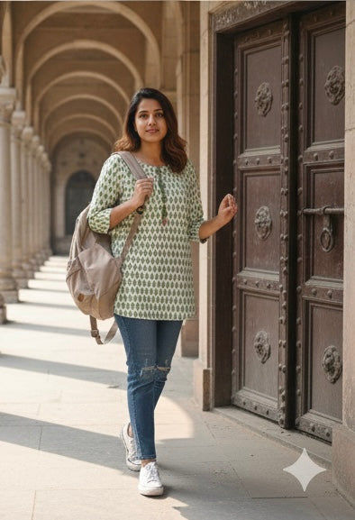 Sage Leaf Printed Cotton Kurti