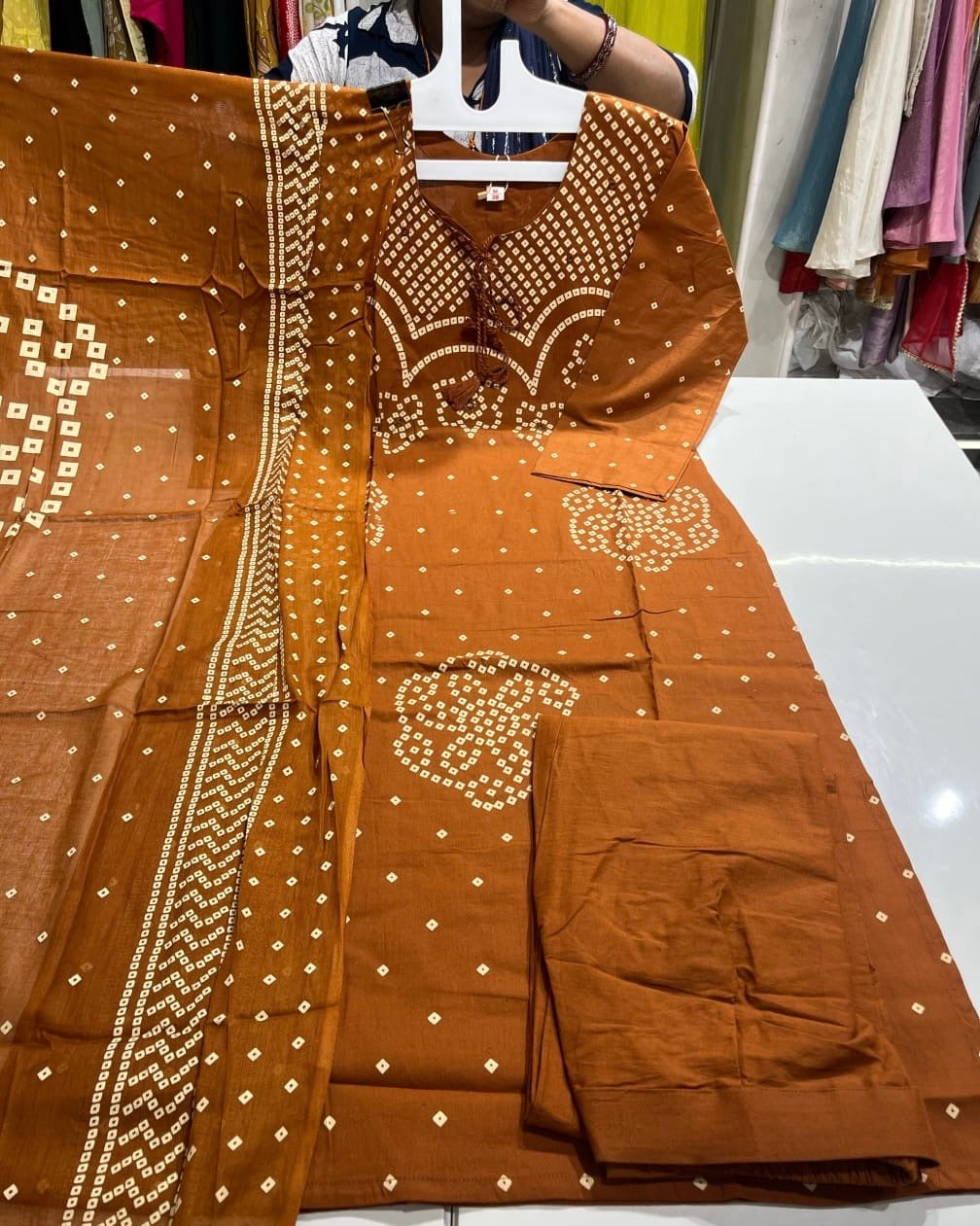 Radhya Elegant Rust Bandhani 3-Piece Kurta Set