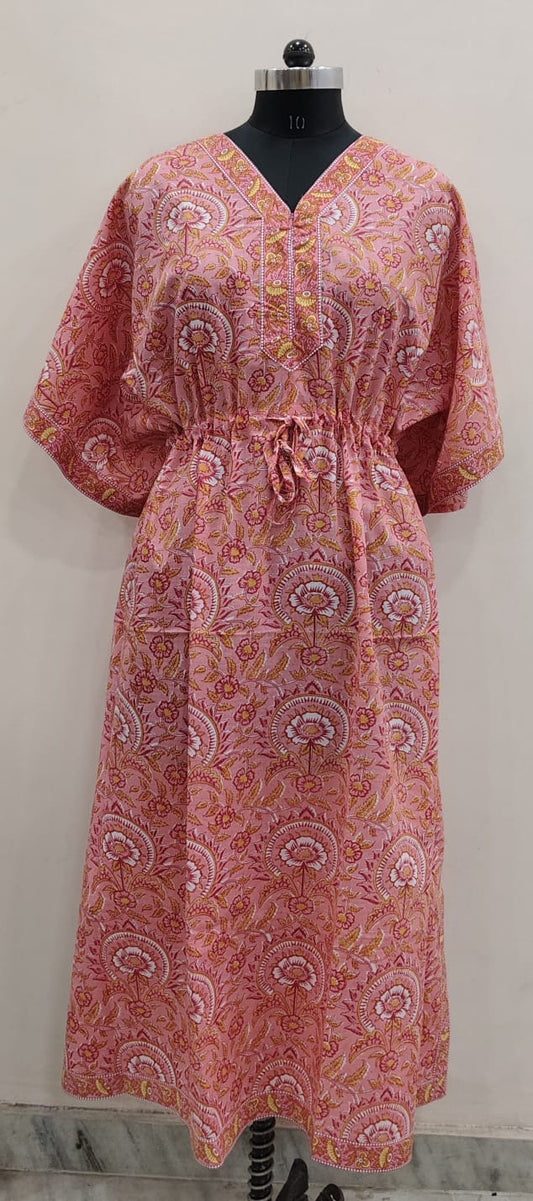 Rose Pink Floral Block Print Kaftan