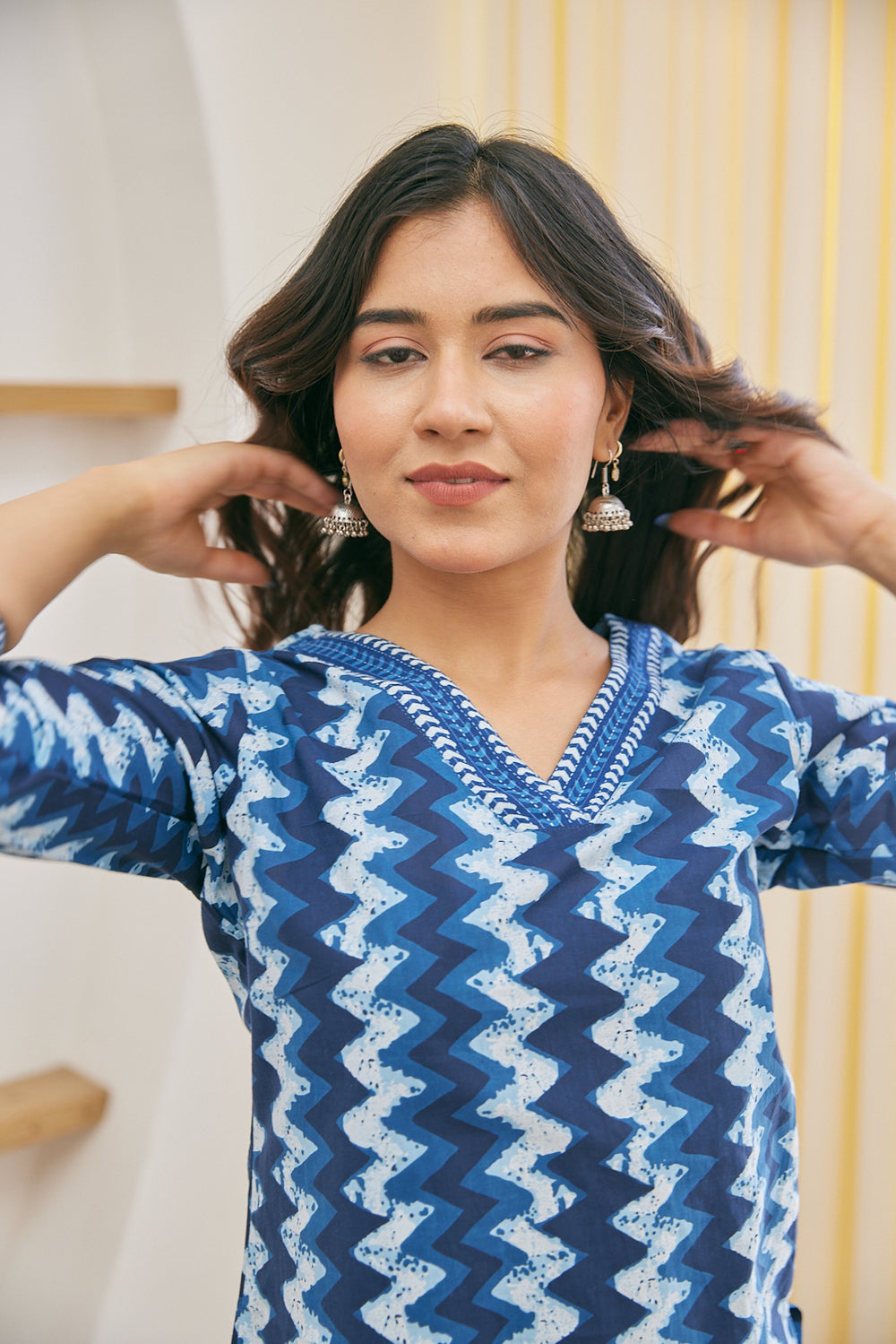 Indigo Zig-Zag Block Print Short Kurti
