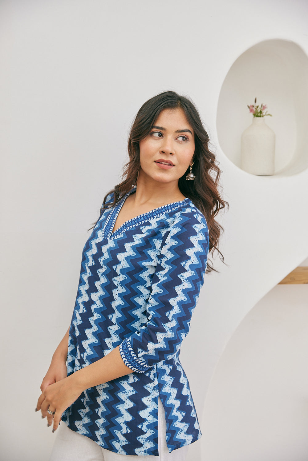 Indigo Zig-Zag Block Print Short Kurti