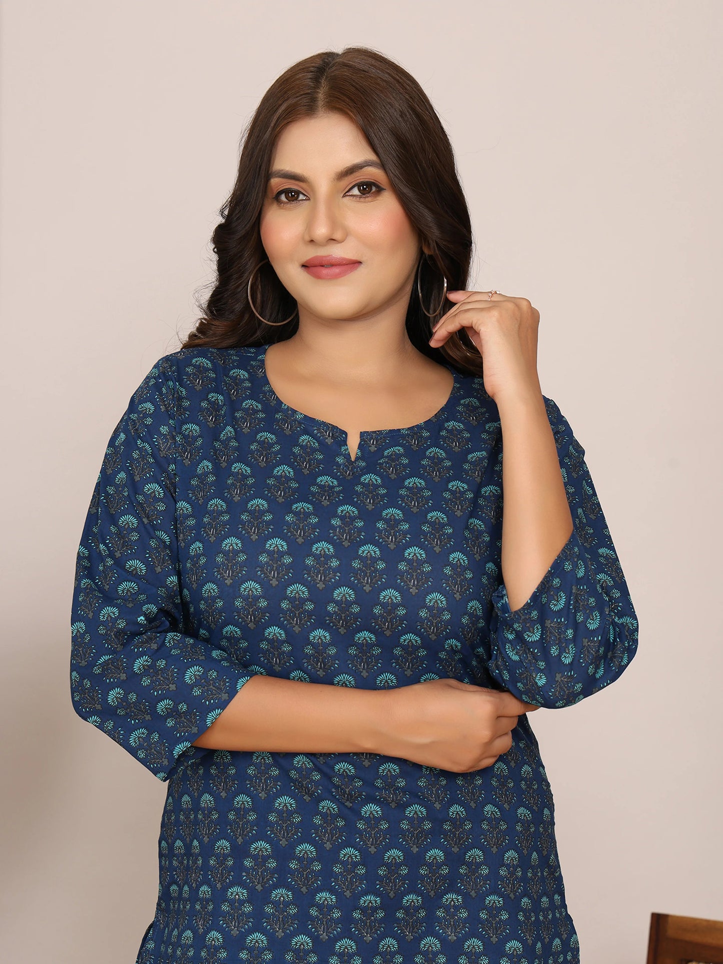 Indigo Floral Print Cotton Short Kurti