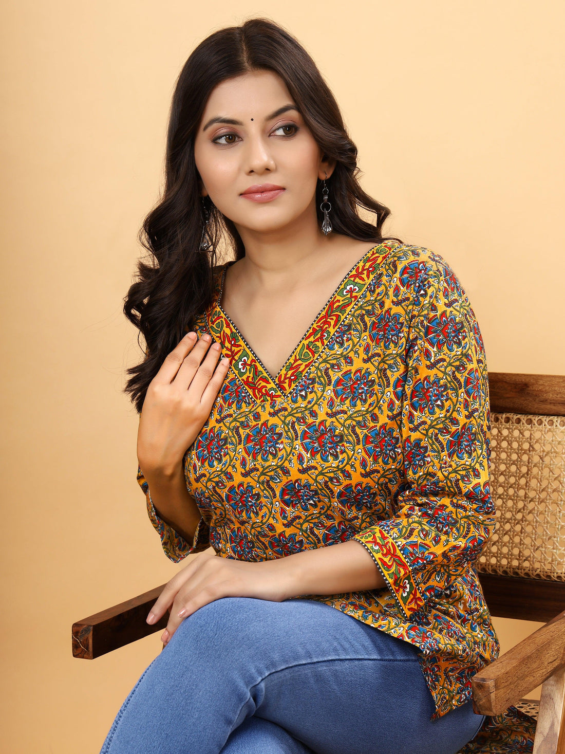 Saffron Kalamkari Fusion Short Kurti