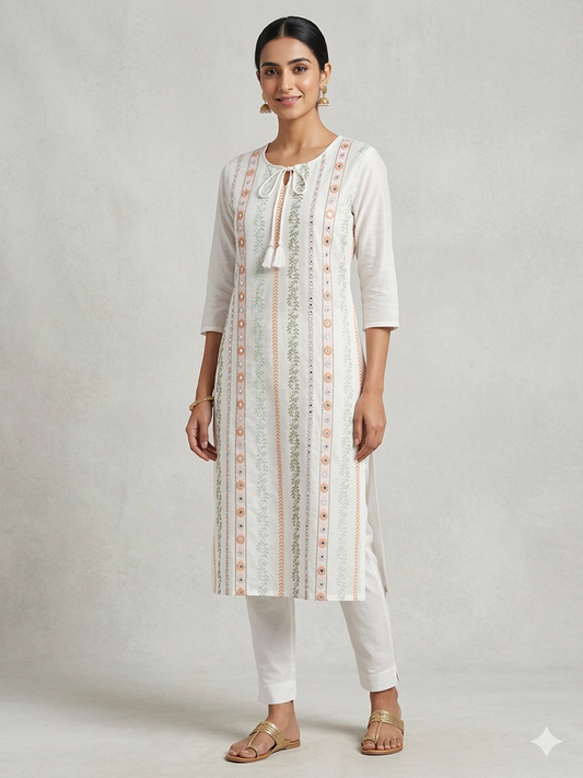 Anjana Embroidered White Cotton Kurti with Tassel Details