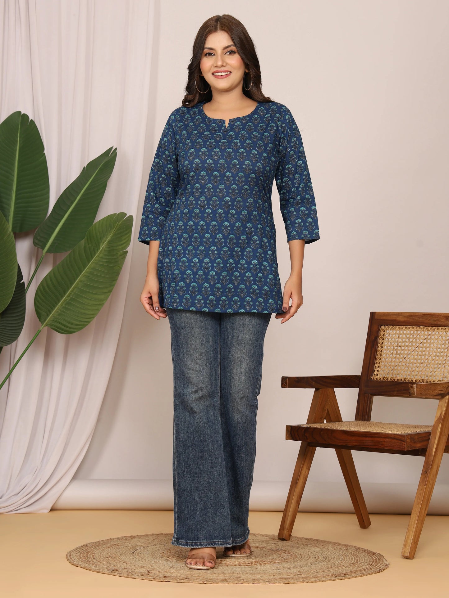 Indigo Floral Print Cotton Short Kurti