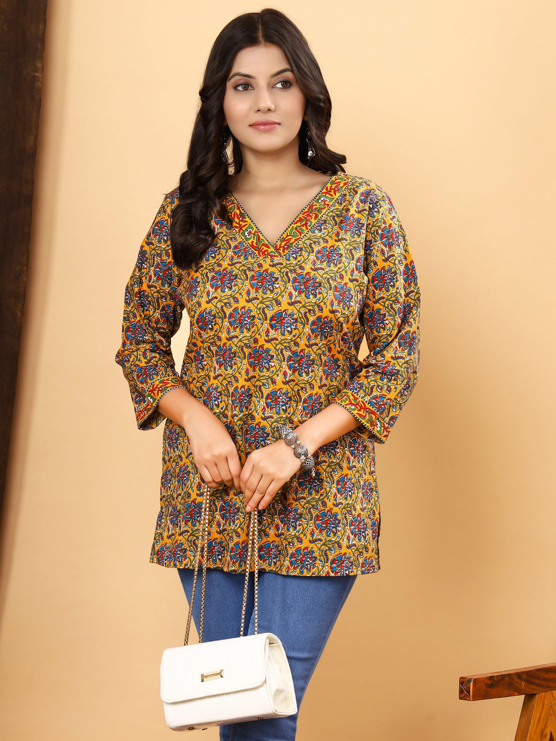 Saffron Kalamkari Fusion Short Kurti