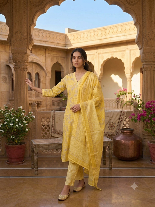 Sunshine Yellow Botanical Cotton Kurta Set