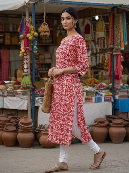 Crimson Bloom Floral Straight Kurti