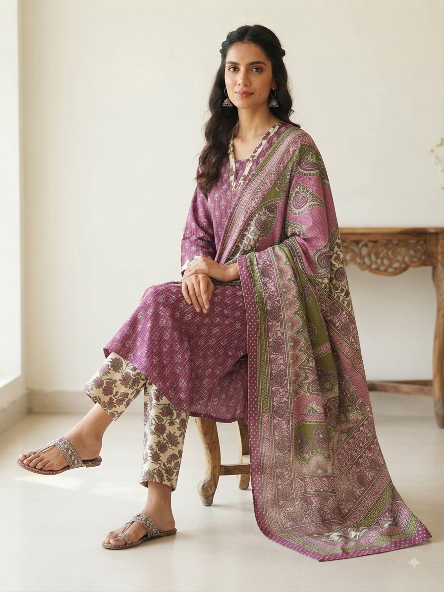 Traditional Block-Print Cotton Suit with Dupatta