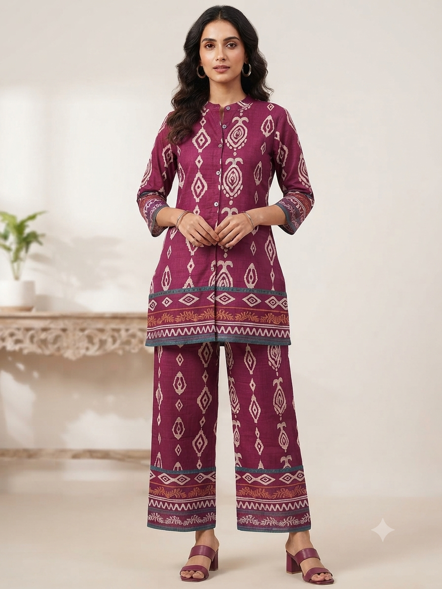 Plum Geometric Print Co-ord Set by Radhya