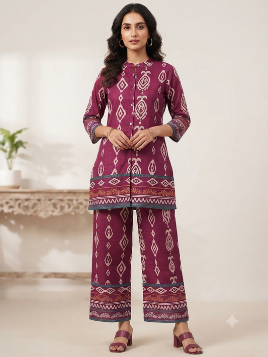 Plum Geometric Print Co-ord Set by Radhya