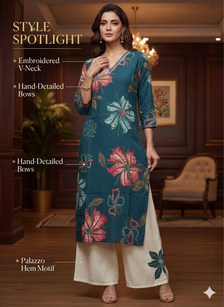 Elegant Plus Size Teal Floral Rayon Kurta & Palazzo Set (3XL - 5XL)