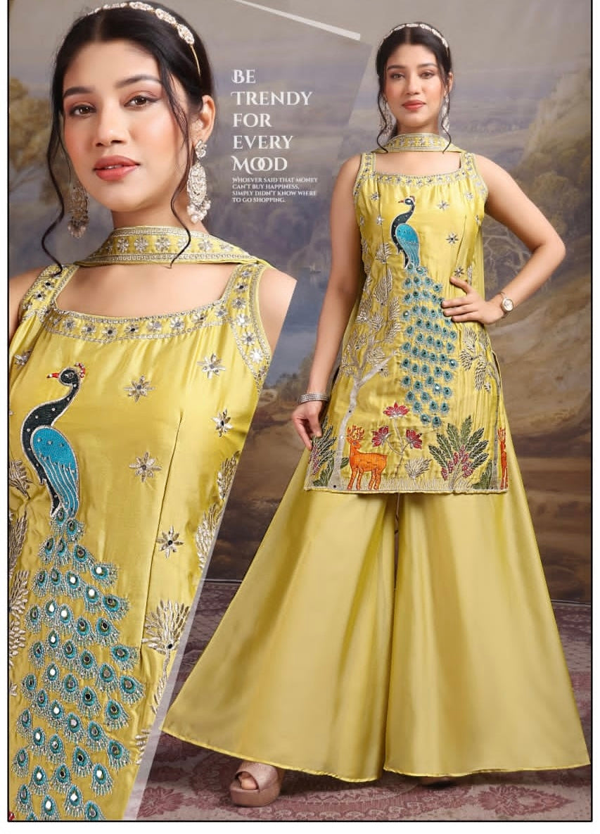 Lime Yellow Silk Sharara Set with Peacock Embroidery & Flared Pants
