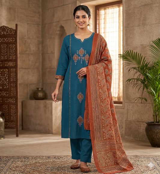 The Safiya Teal Blue & Rust Embroidered 3-Piece Cotton Suit Set