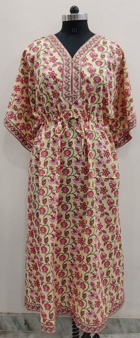Cream & Pink Floral Front-Zip Kafta