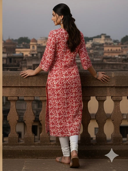 Crimson Bloom Floral Straight Kurti