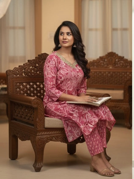 Graceful Pink Floral Handblock 3-Piece Set
