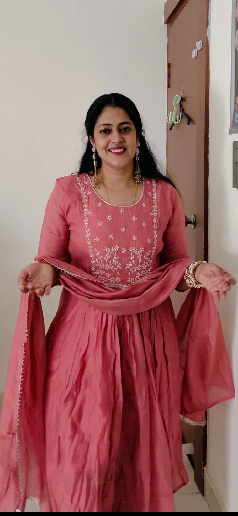 Premium Rose Pink Mul Chanderi Anarkali Set with Hand-Embroidered Yoke