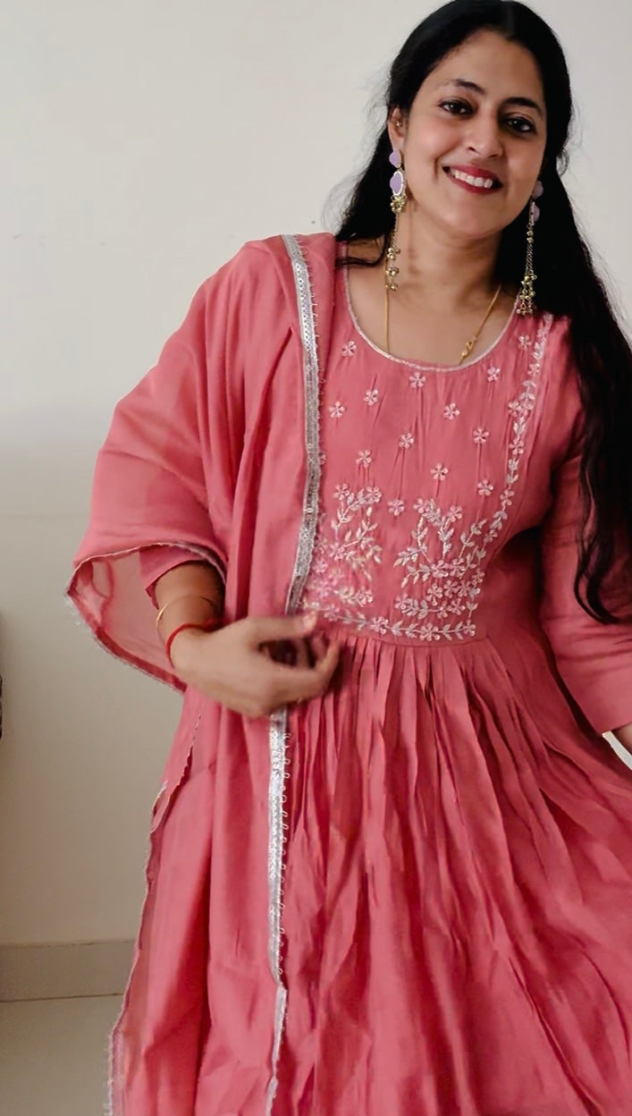 Premium Rose Pink Mul Chanderi Anarkali Set with Hand-Embroidered Yoke