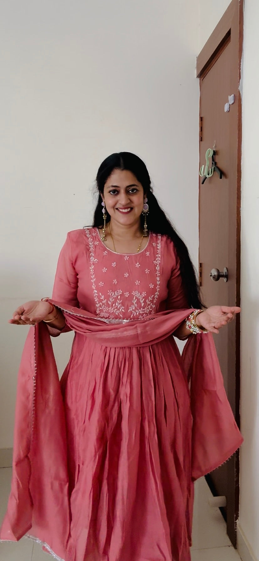 Premium Rose Pink Mul Chanderi Anarkali Set with Hand-Embroidered Yoke