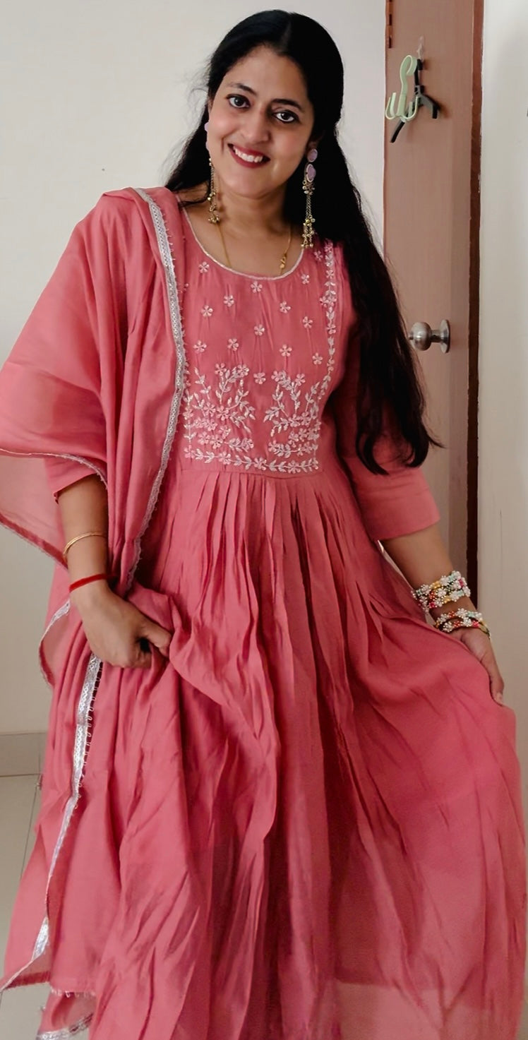 Premium Rose Pink Mul Chanderi Anarkali Set with Hand-Embroidered Yoke