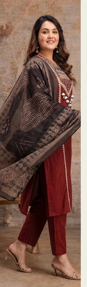 Maroon Muslin Kurta Pant Set with Printed Kota Doria Dupatta (S-3XL)