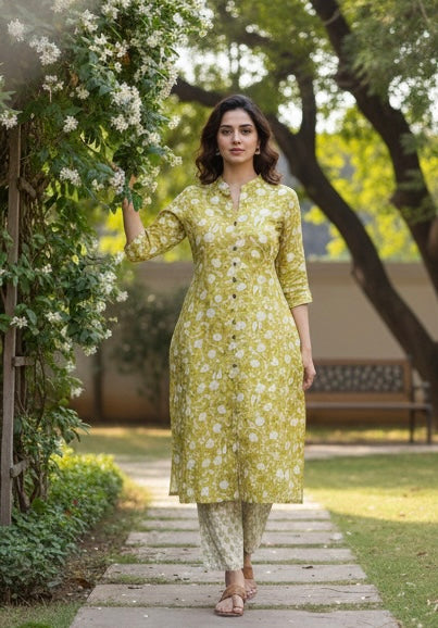 Zoya Lime Handblock Kurta Set