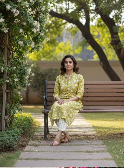 Zoya Lime Handblock Kurta Set