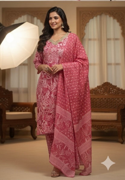 Graceful Pink Floral Handblock 3-Piece Set