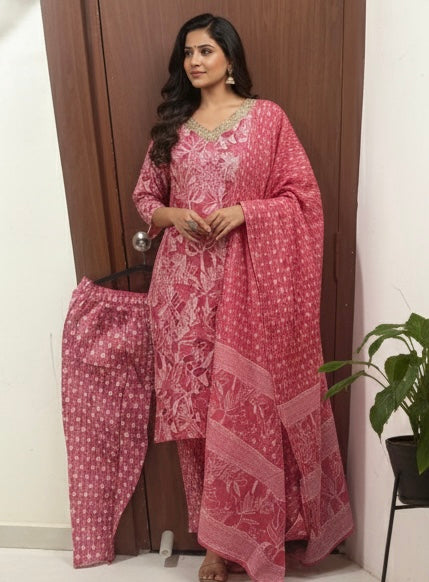 Graceful Pink Floral Handblock 3-Piece Set