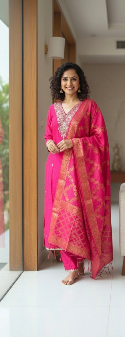 Radiant Magenta Art Silk Suit with Heavy Banarasi Dupatta