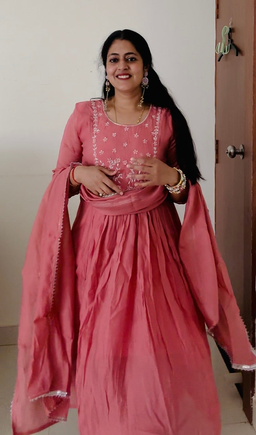 Premium Rose Pink Mul Chanderi Anarkali Set with Hand-Embroidered Yoke