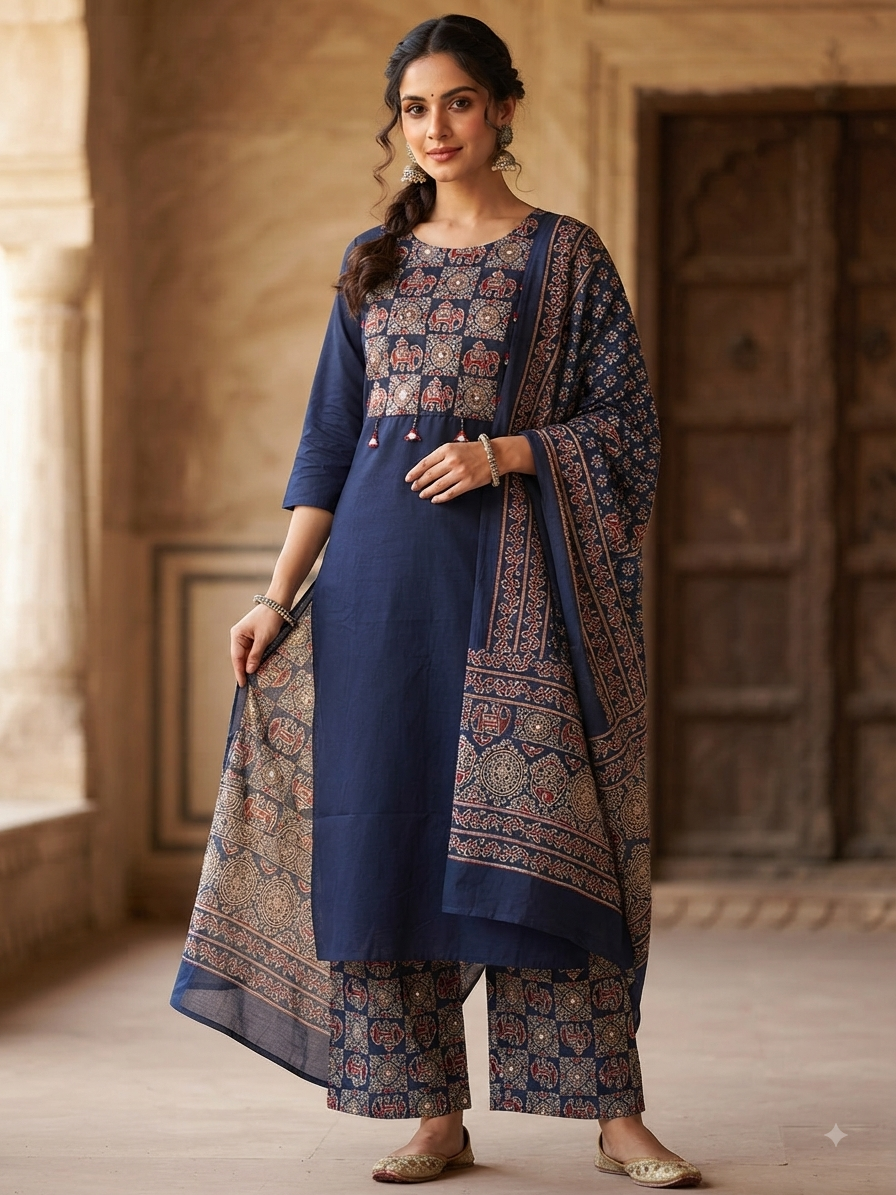 Royal Blue Ethnic Kurta Set with Traditional Print
