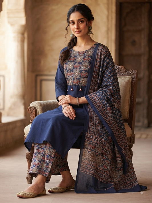 Royal Blue Ethnic Kurta Set with Traditional Print
