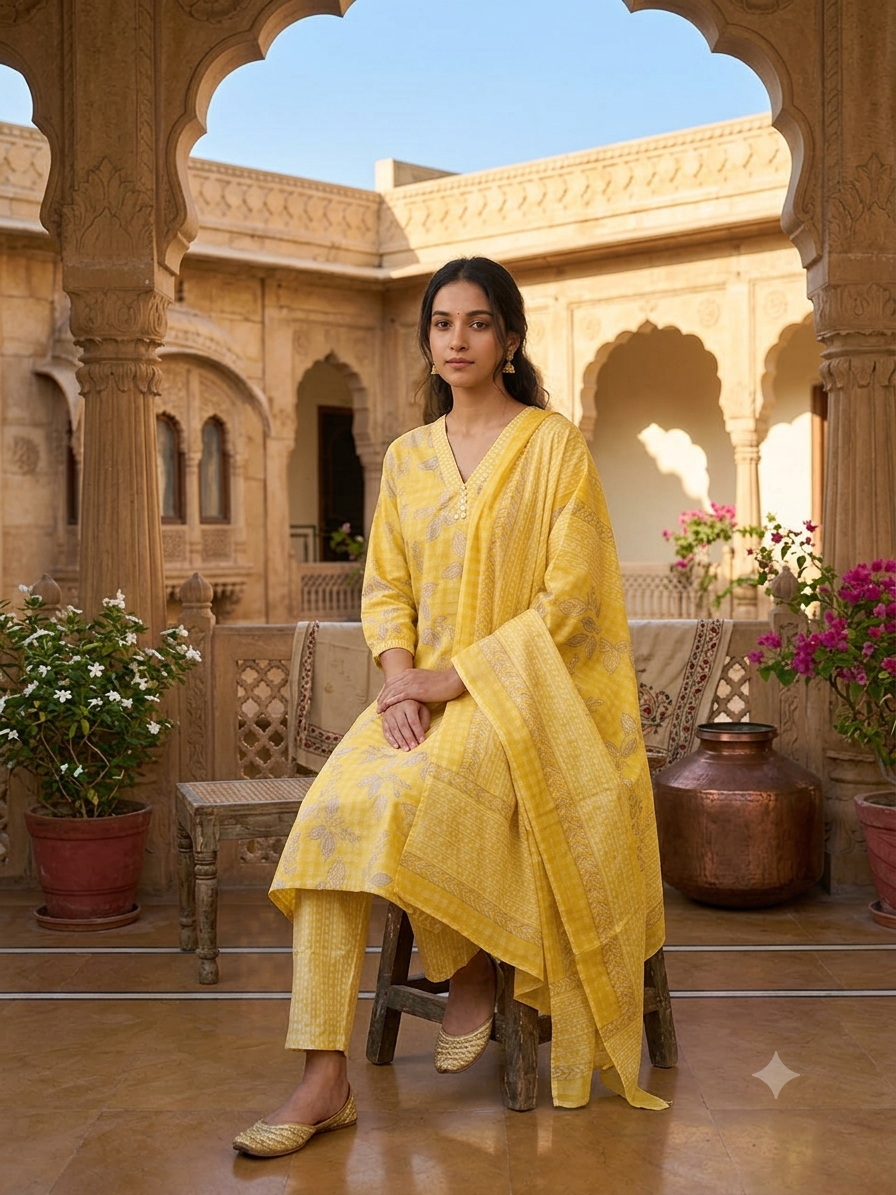 Sunshine Yellow Botanical Cotton Kurta Set
