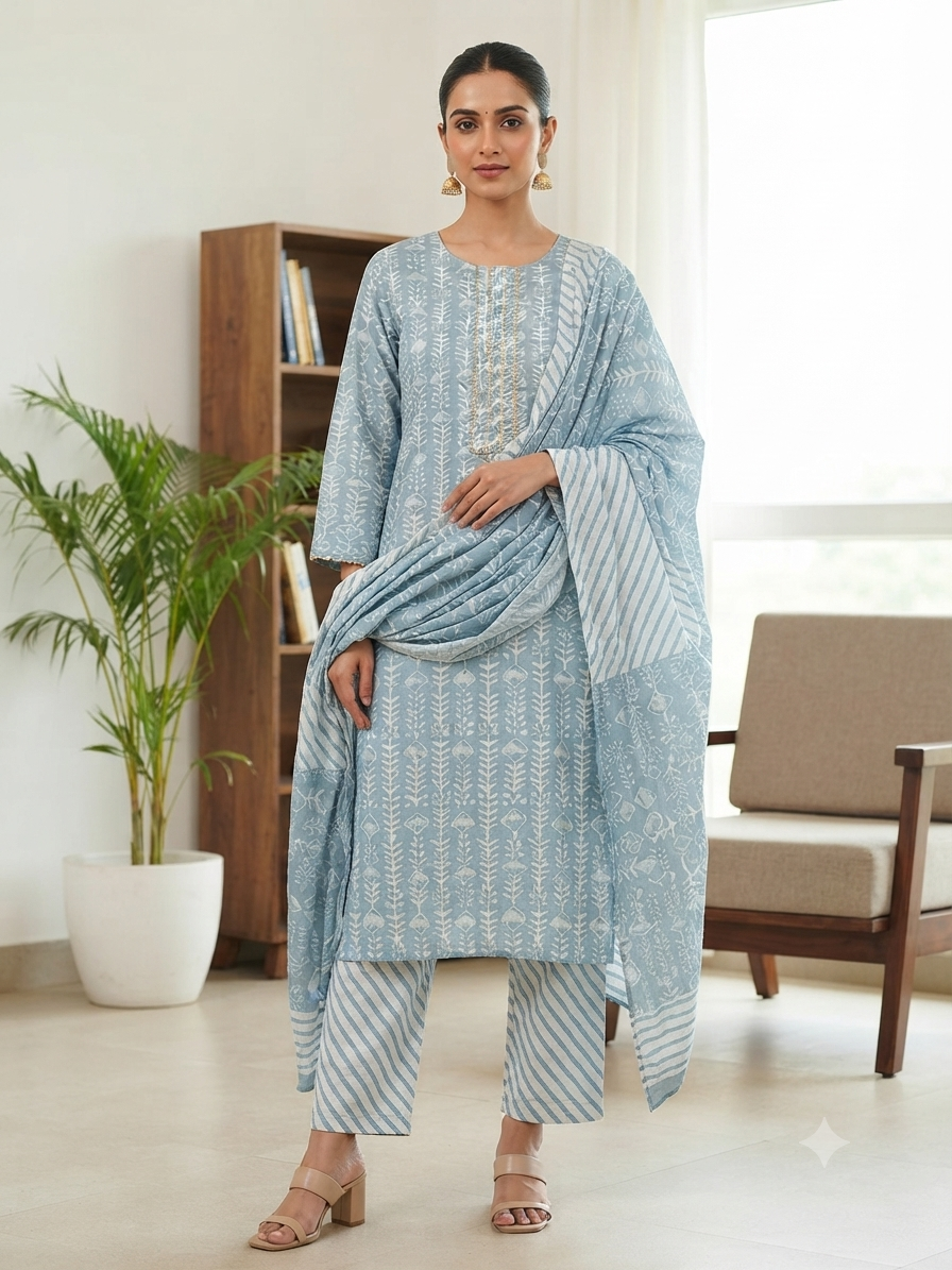 Sky Blue Hand-Block Printed Cotton Kurti Set with Dupatta – Radhya hand block print, view 2