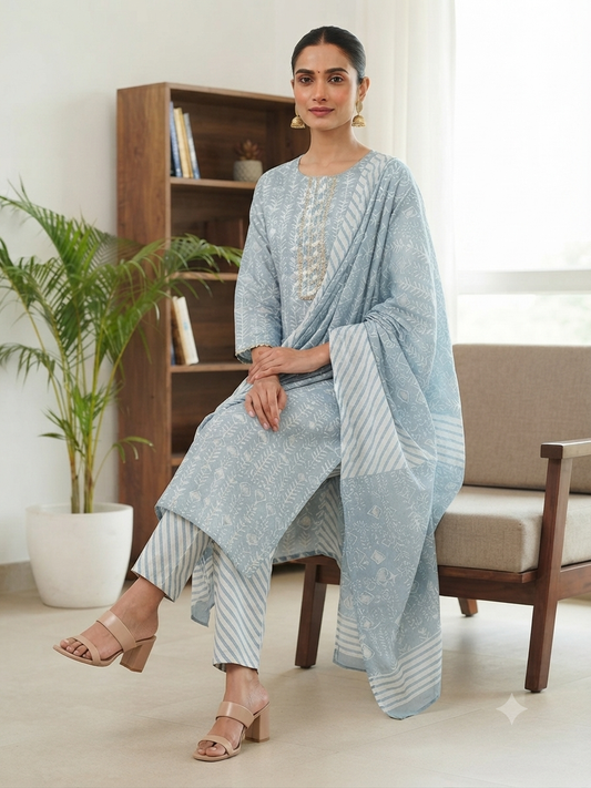Sky Blue Hand-Block Printed Cotton Kurti Set with Dupatta – Radhya hand block print