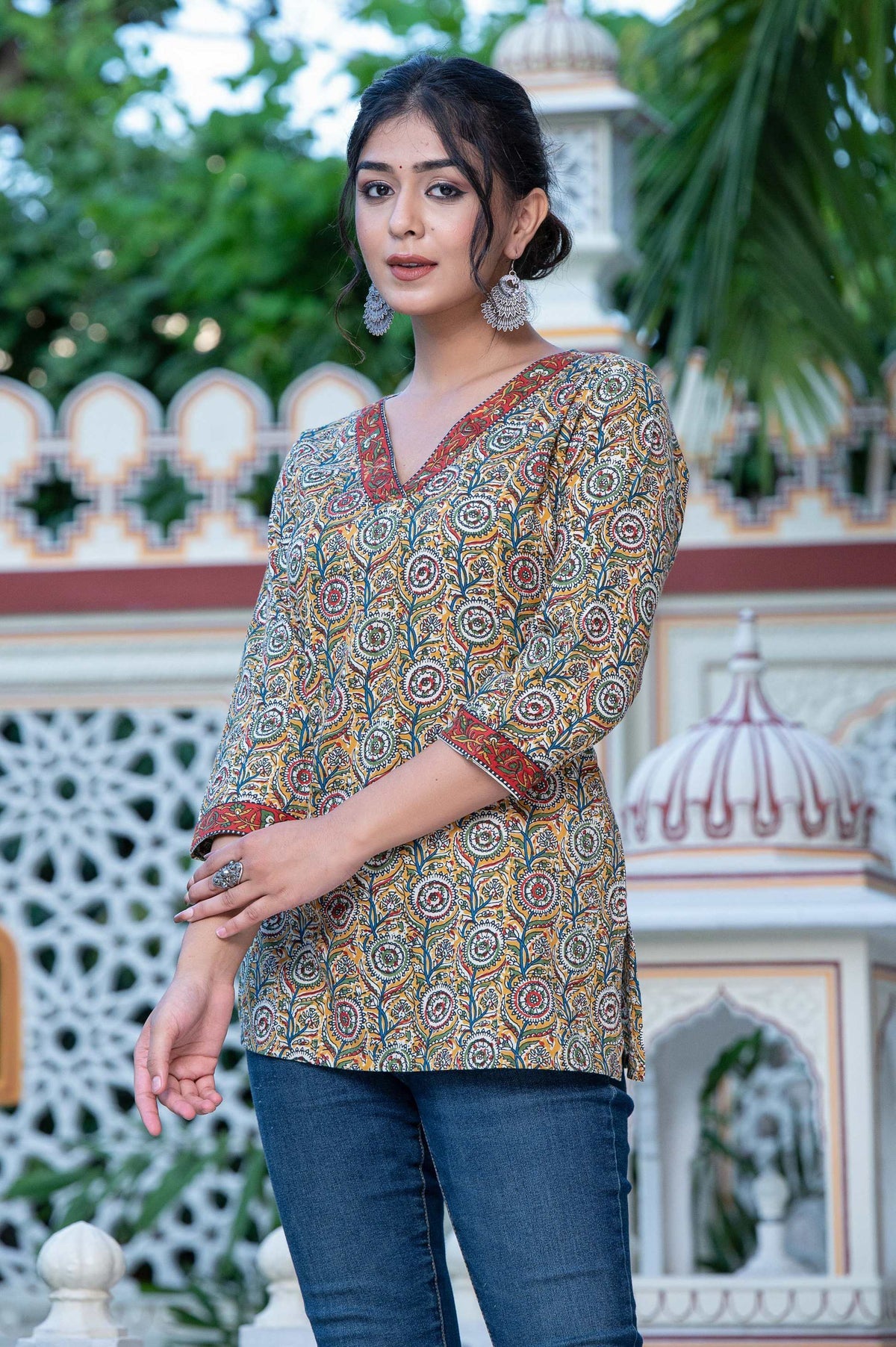 Radhya Ajrakh V-Neck Cotton Kurti Top