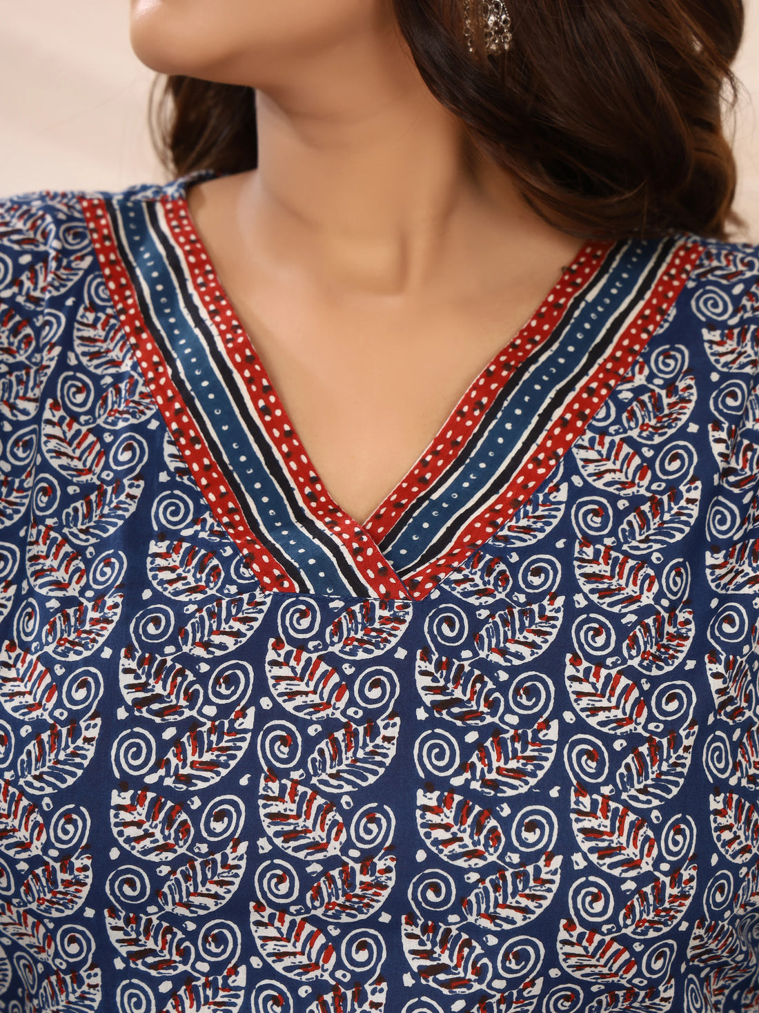 Radhya Collection Blue Ajrakh Block Print V-Neck Kurti