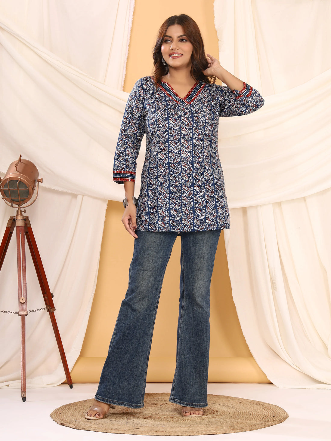 Radhya Collection Blue Ajrakh Block Print V-Neck Kurti